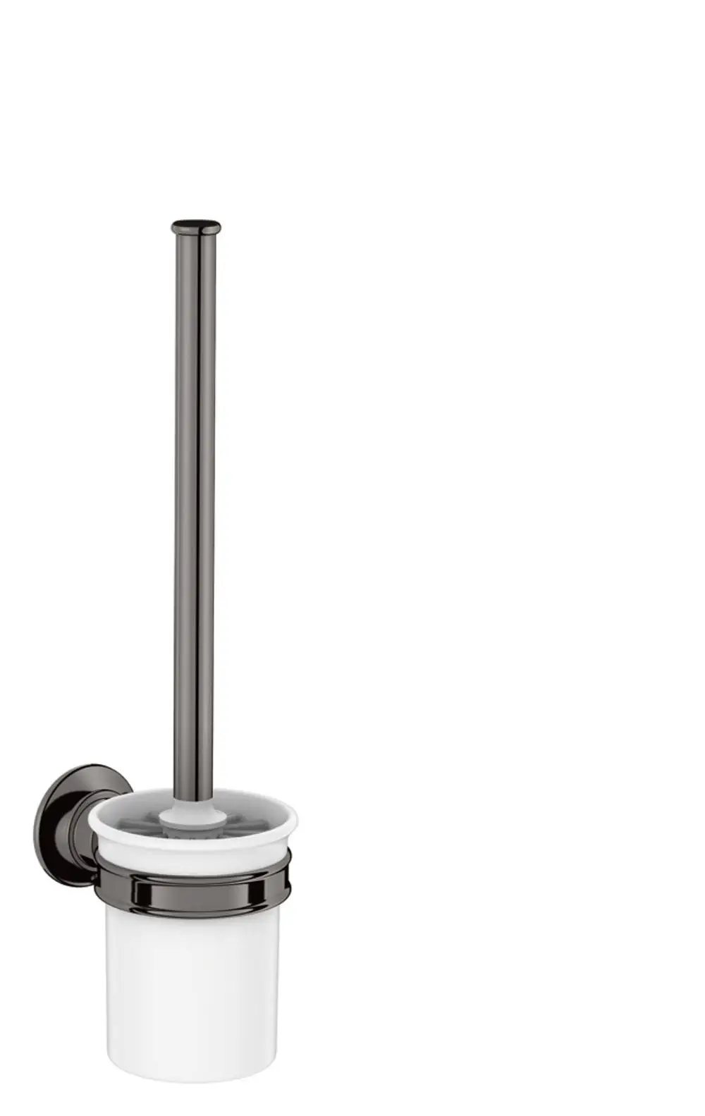 Wandmontierter Toilettenbürstenhalter in Schwarzchrom von AXOR, mit einem weißen Behälter und einem langen Bürstengriff.